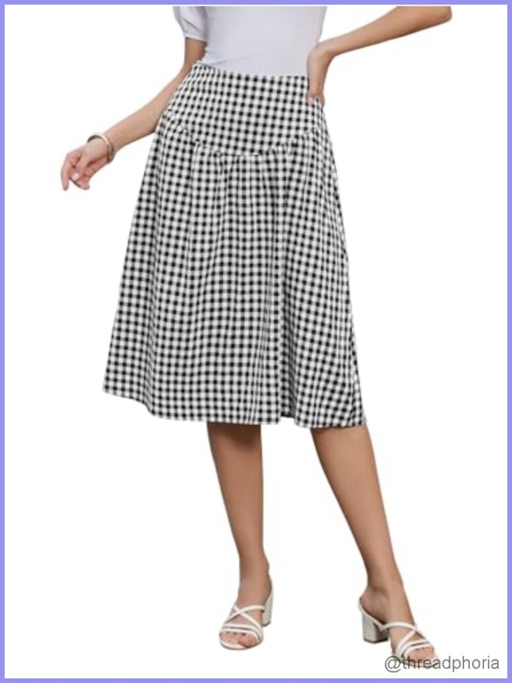 Womens High Waist A-Line Midi Gingham Skirt Casual Flare Summer